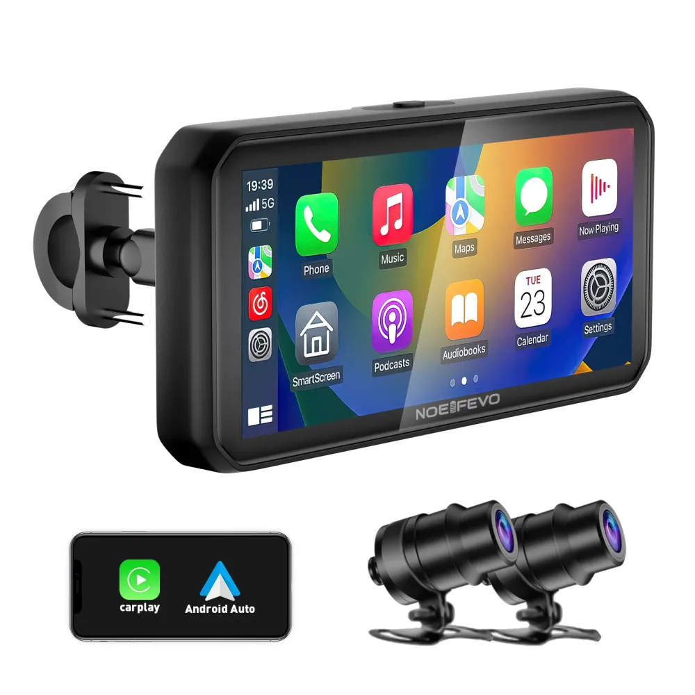 NOEIFEVO MT9B Motorcykel-Carplay-skärm med dödvinkelvarningsfunktion, trådlös CarPlay och Android Auto, bärbar vattentät 6...