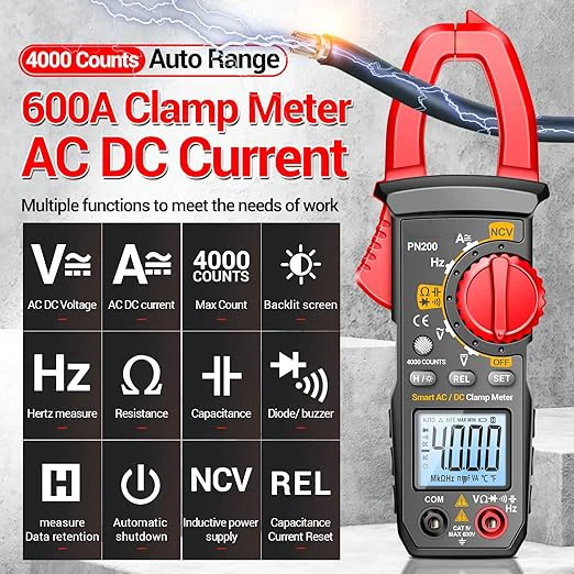 Tångmultimeter, 4000 räknare TRMS med automatisk mätområde, mäter AC/DC-ström, spänning, resistans, kapacitans, kontinuite...