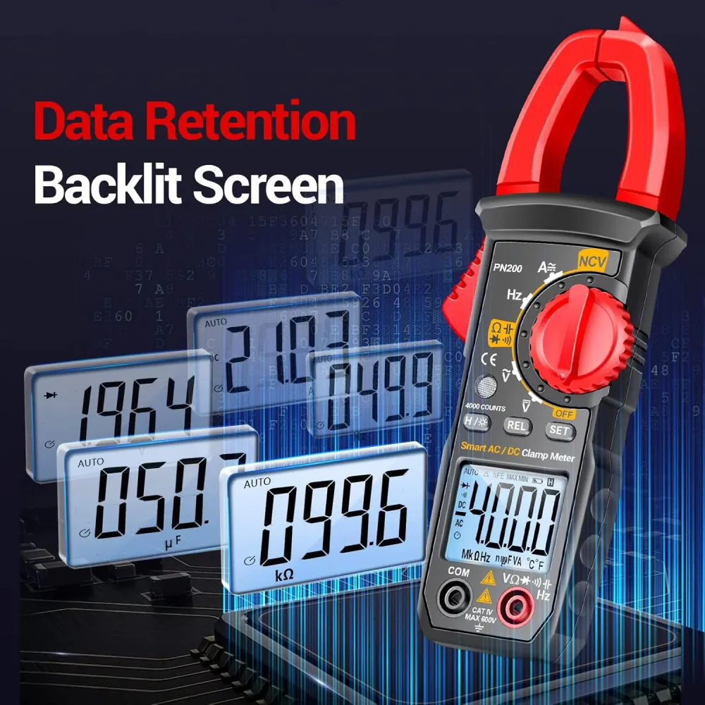 Tångmultimeter, 4000 räknare TRMS med automatisk mätområde, mäter AC/DC-ström, spänning, resistans, kapacitans, kontinuite...